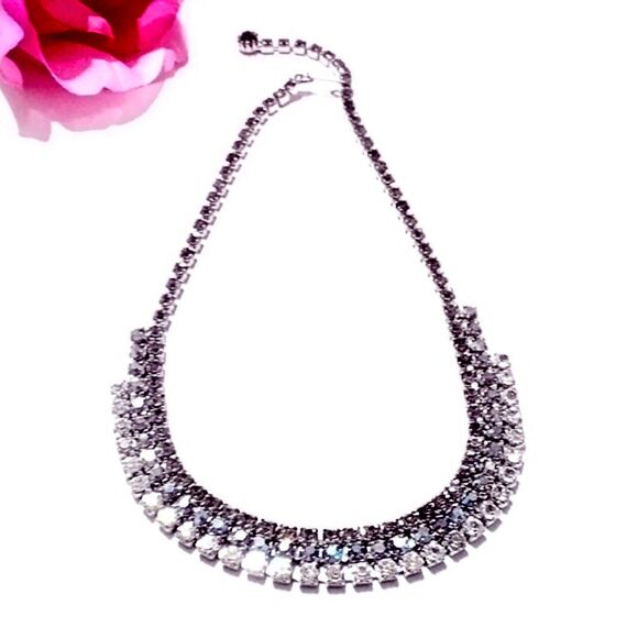 Vintage Silver Tone Multi Color Rhinestone Three Row Choker Necklace - Picture 3 of 5